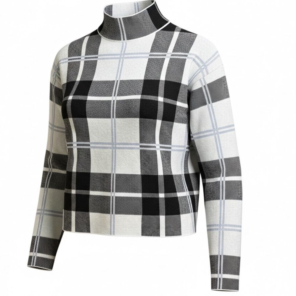 Tahari Cropped Black/White/Blue Plaid Mock Neck Short Sweater Women M